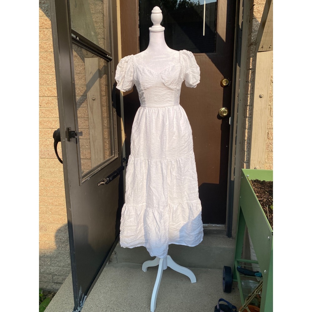 Milkmaid Midi Dress Puff Sleeve XS White Cottagecore Bridal Lolita Romantic Boho - Picture 3 of 6
